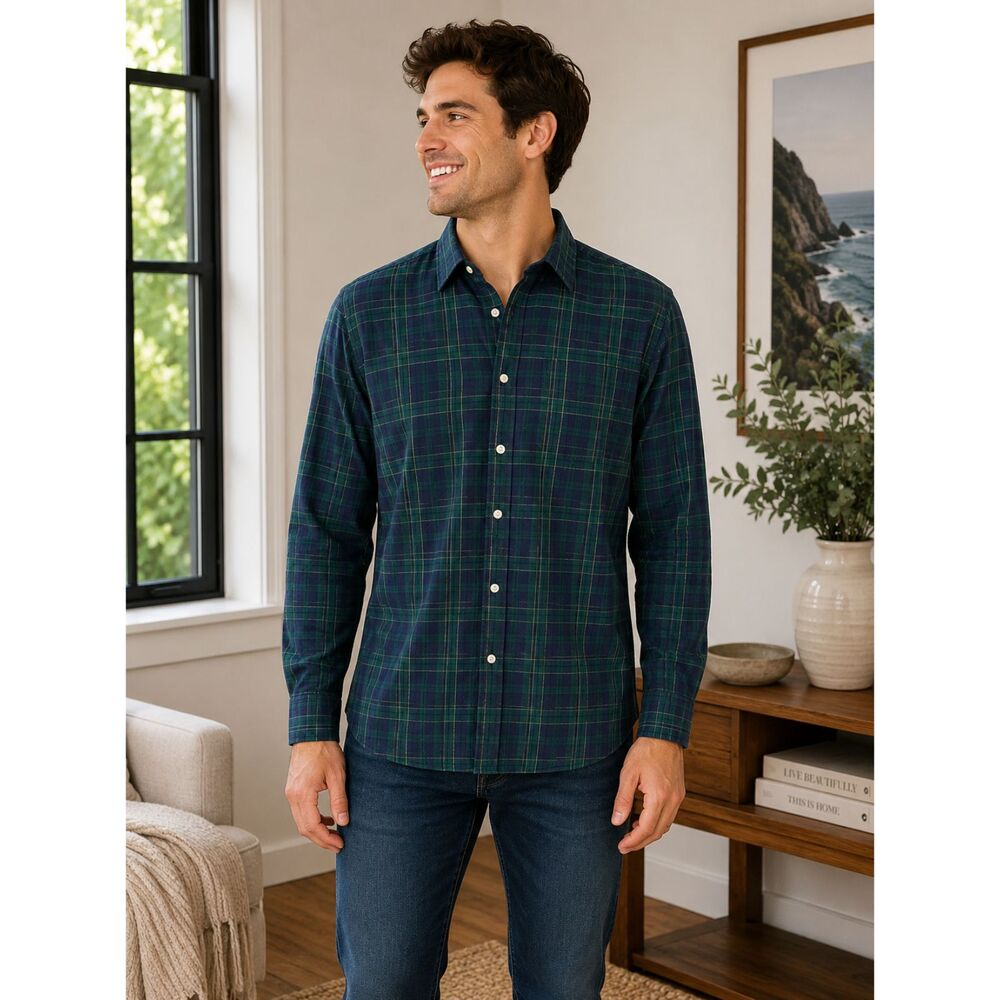 Untuckit Langon WF L/S Button Down Shirt Green Tartan Plaid Men's XXL Slim